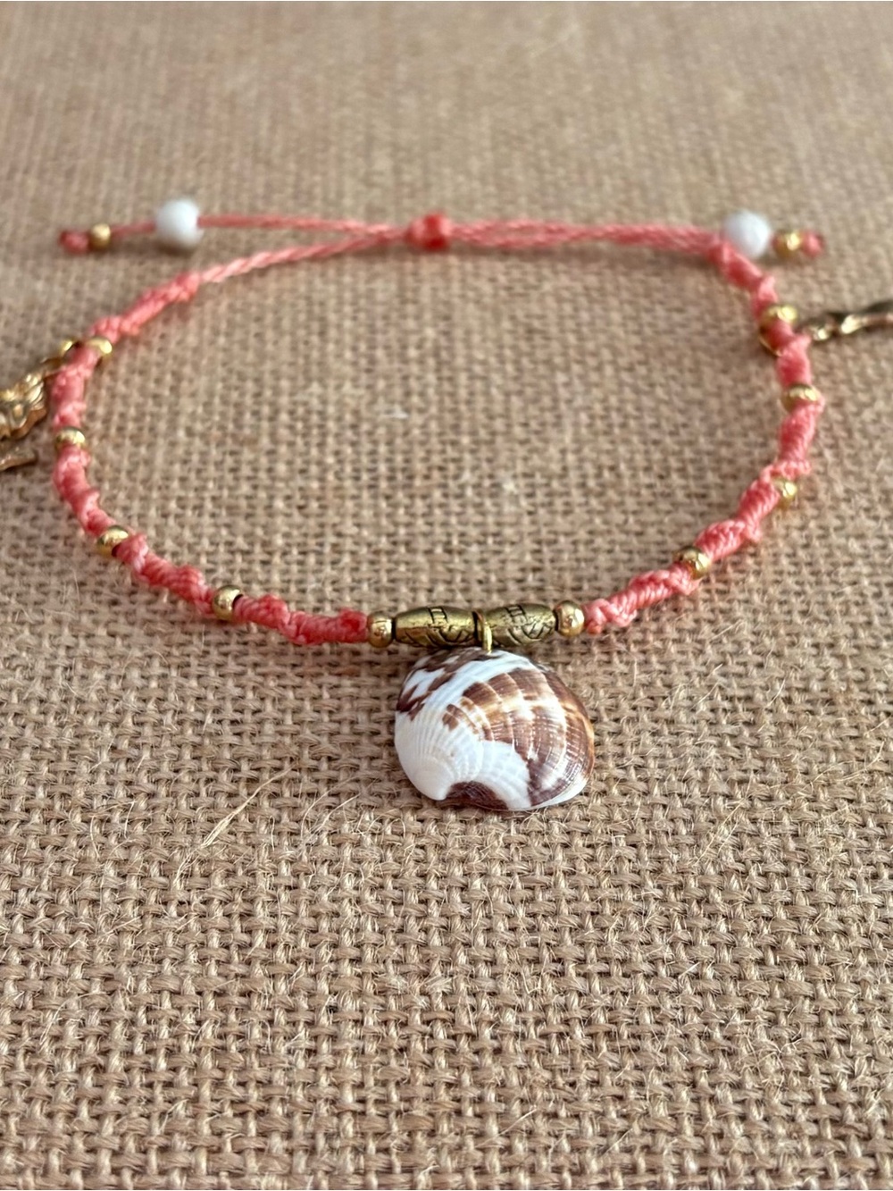 Coral Pink Natural Shell Charm Bracelet with Gold Accents - Foot Bracelet